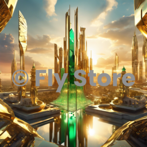 Futuristic Emerald City - AI-generated luxury artwork with golden towers and emerald centerpiece.